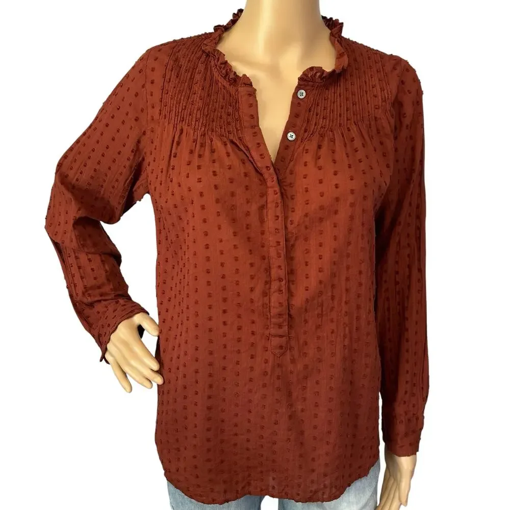J. Crew Point Sur Ruffle Classic Popover in Clip Dot Deep Redwood Size 4